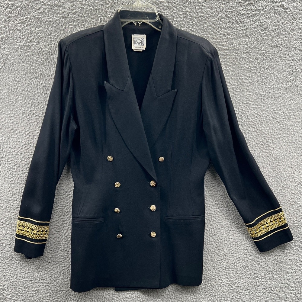 Vintage Womens Double Breasted Blazer 12 Black Gold Button Military Power Jacket